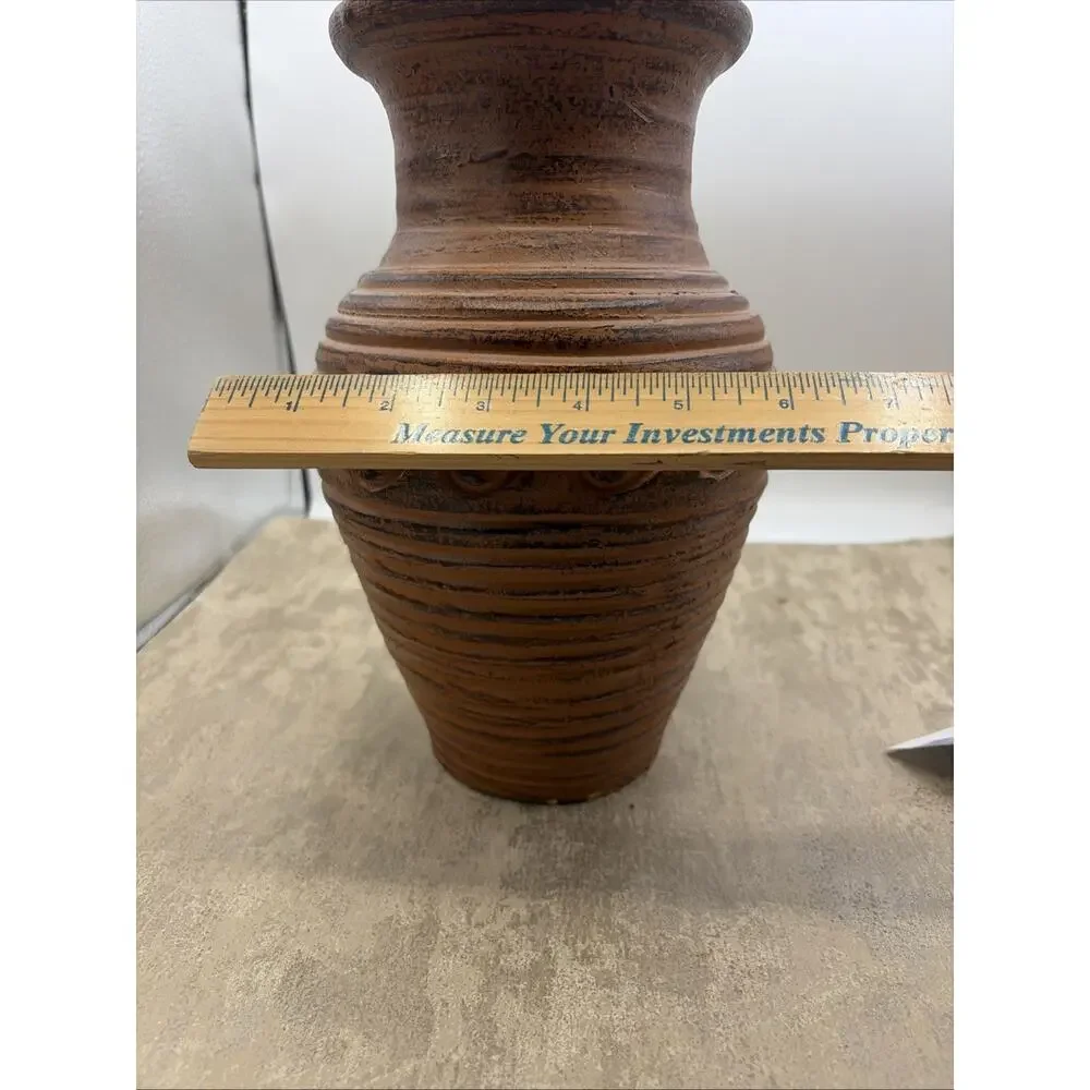 Vintage Hand Thrown Clay Vase With Wave Patterns And Rustic Brown Finish